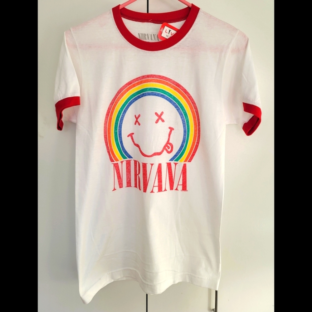 Nirvana Smiley Rainbow Ringer Tee
